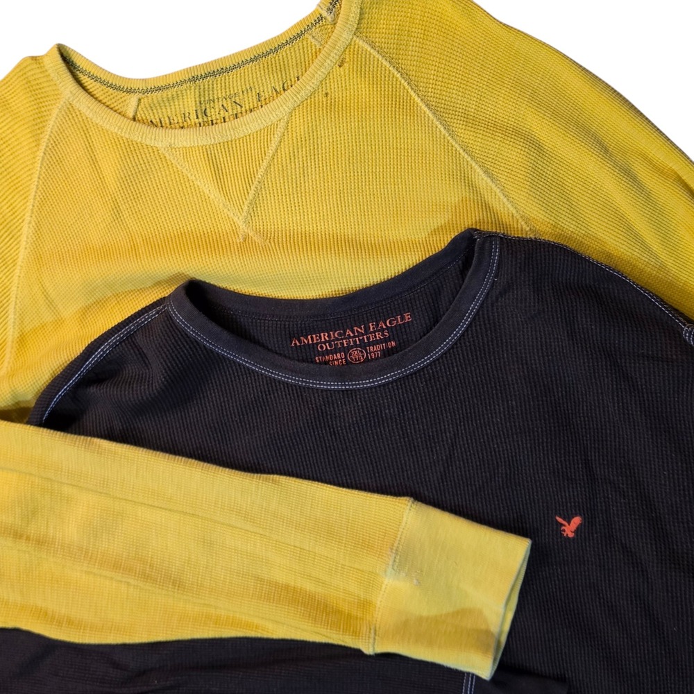 American Eagle Thermal Shirt Bundle Mens XXL Waffle Knit Brown Yellow‎ Lot of 2